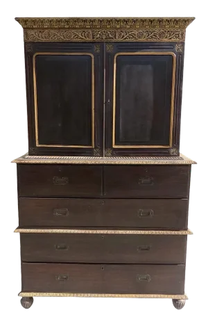 Anglo Indian Cupboard Linen Press Rosewood Carved Painted Detail 19th Century