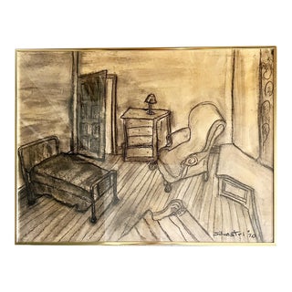 1970 Vintage Brass Framed Charcoal Drawing on Paper by Victor Sylvestri For Sale