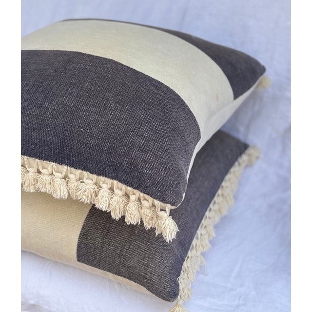 Farmhouse Grey and Ivory Fringed Pillow Covers With Inserts-a Pair For Sale - Image 3 of 7