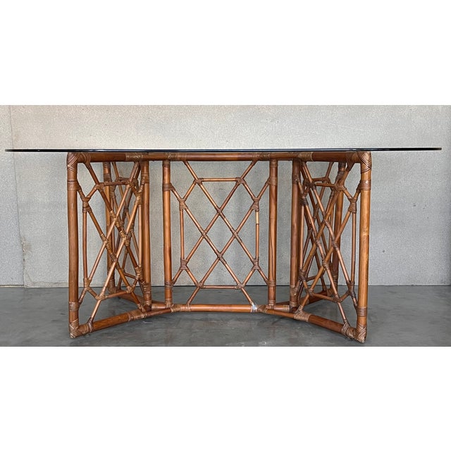 Brown Chinese Chippendale Style Bamboo Dining Table With Oval Glass Top For Sale - Image 8 of 11