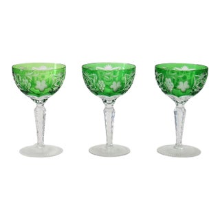 Antique Bohemian Emerald Floral & Grape Cut to Clear Crystal Wine Goblets - Set of 3 For Sale