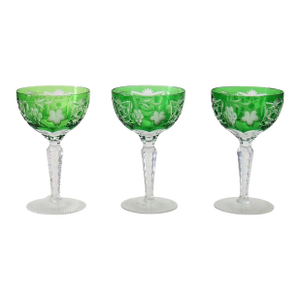 Antique Bohemian Emerald Floral & Grape Cut to Clear Crystal Wine Goblets - Set of 3