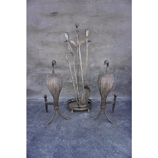 Early 20th Century Early 20th Century Original Cahill Iron Works Waterfowl Fireplace Andirons and Tool Set For Sale - Image 5 of 8