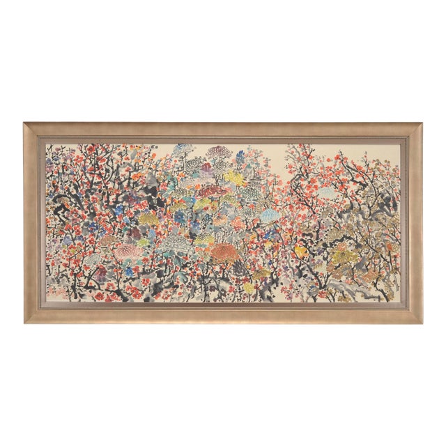 Japanese Floral and Blossom Panorama Watercolor Painting 6 Ft For Sale
