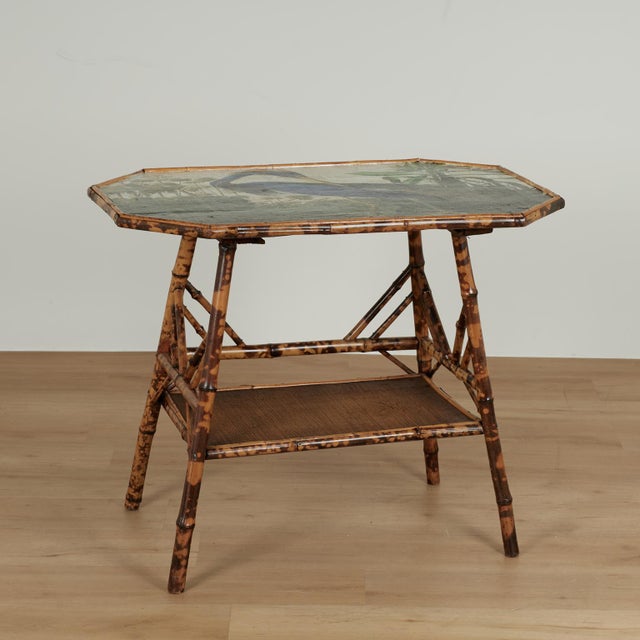 Antique English Bamboo and Grasscloth Table With a Bird Top For Sale - Image 4 of 17