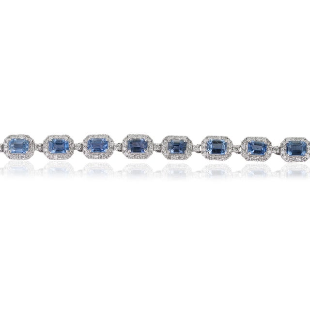Modern 14k Gold Tennis Bracelet 5.55ct Blue Sapphire & 1.54ct Diamond Halo For Sale - Image 4 of 18