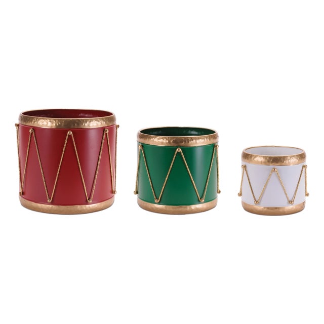 Metal Drum Containers withGold Rope Detail (Set of 3) For Sale