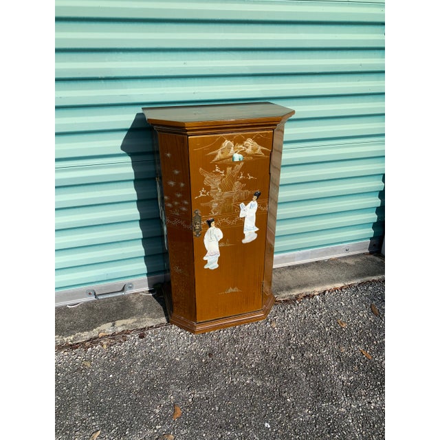 Mid-Century Modern Mid Century Asian Carmel Color With Mother of Pearl Inlay Narrow Console For Sale - Image 3 of 8