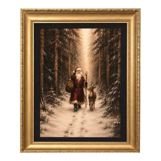 Large Santa & Reindeer Christmas Canvas Print in Gilded Wood Frame, 36” For Sale