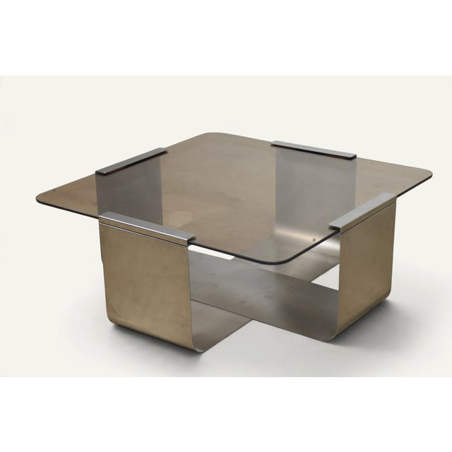 Coffee Table in Brushed Steel and Smoked Glass, 1970s For Sale - Image 4 of 14