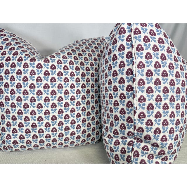 Custom pair of 22" pillows covered in Pierre Frey "Chalfont" in color petunia. These pillows are self welted, have tapered...