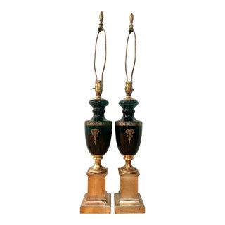 Mid-Century Italian Neoclassical Emerald Glass Urn Lamps, Likely Empoli Glass, Circa 1955-1965 - A Pair For Sale
