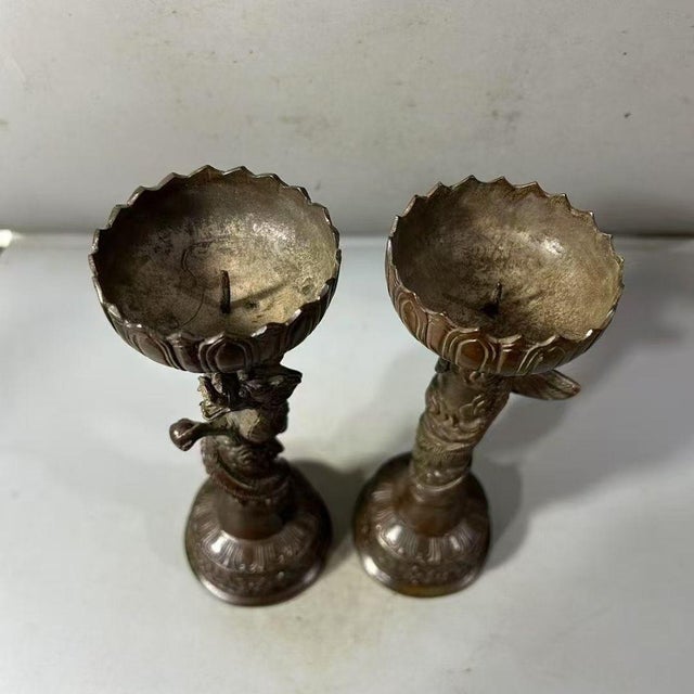Bronze Pair of Bronze Dragon & Phoenix Candlesticks – 6.7" Figural Candle Holders For Sale - Image 8 of 9