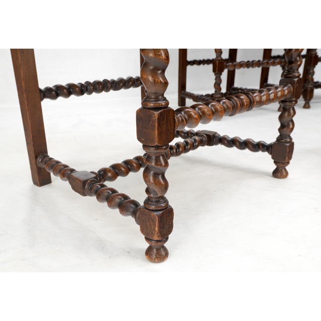 Jacobean 6 Fine Carved Oak Lion Heads Twisted Legs New Upholstery Jacobean Dining Chairs For Sale - Image 3 of 14