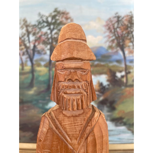 Wood Hand-Carved Vintage Folk Art Wood Figure of Bearded Man With Hat and Carrying a Carved Object. For Sale - Image 7 of 9