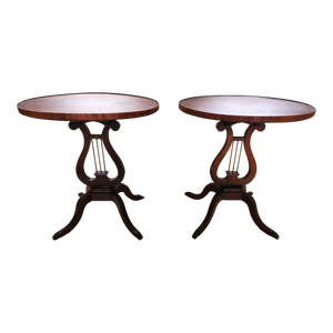 1960s Pair of Victorian Style Lyre Harp Side Tables - Mahogany