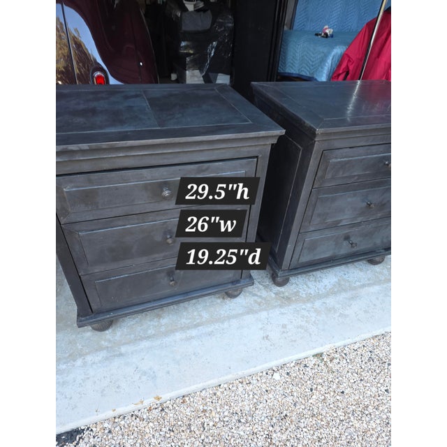 Great looking zinc metal clad dark gray bedside chest of drawers night stands.