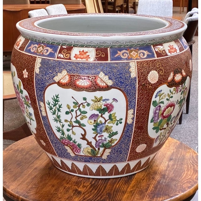 Chinese Vintage Painted & Glazed Large Scale Chinese Porcelain Fish Bowl W/ Peony Flowers & Butterflies For Sale - Image 3 of 11