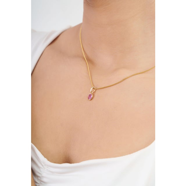 Minimalist Pink Sapphire Oval Bezel Set Pendant in 14k Yellow Gold For Sale - Image 10 of 15