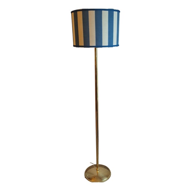 Vintage Brass Floor Lamp from TZ-Leuchten with Handmade Blue and White Fabric Shade, 1970s For Sale