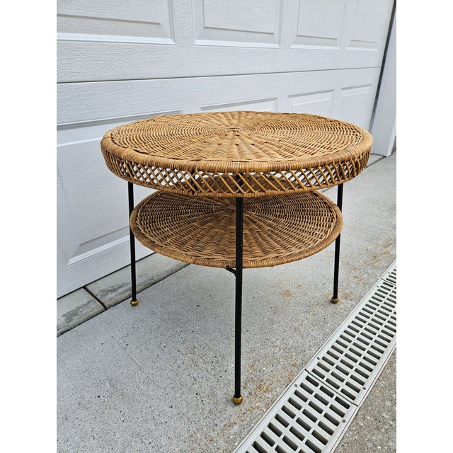 Wood 60s Round Wicker Rattan Side Table Brass Ball Feet For Sale - Image 7 of 14