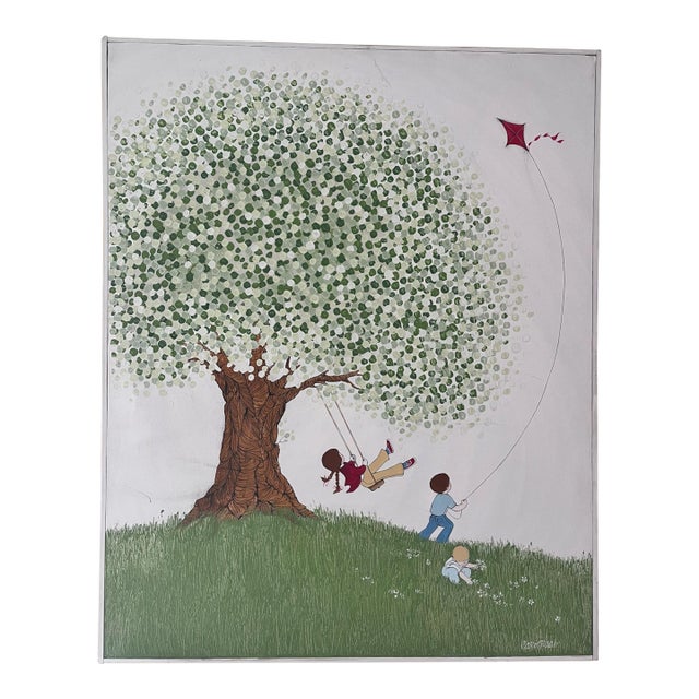 Whimsical Contemporary Folk Art Painting of Children Playing Beneath a Tree For Sale