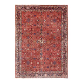 Antique Joshegan Rug With Rich Red Field, Geometric Motifs and Navy Borders 12 X 16'5 For Sale
