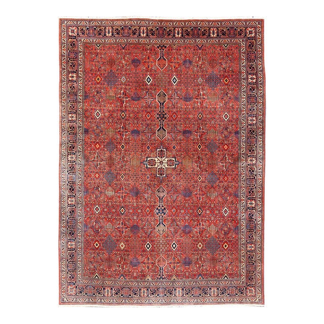 Antique Joshegan Rug With Rich Red Field, Geometric Motifs and Navy Borders 12 X 16'5 For Sale