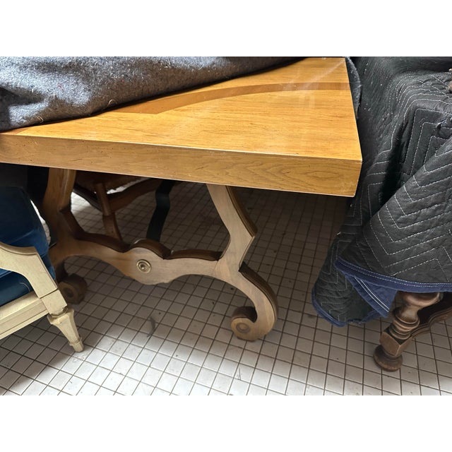 Thomasville Spanish Style Pecan Lyre Leg Dining Table Extending to 104” - Made in 1964 For Sale - Image 9 of 10