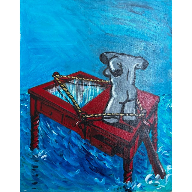 Vintage 1986 original surrealist painting of a figural still life on a stormy sea. Signed and titled by the artist on the...