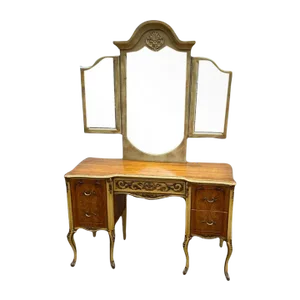 Early 20th Century Antique French Provincial Style Burlwood and Walnut Vanity Dressing Table With 3 Fold Mirror.