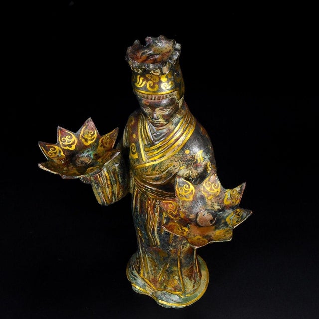 Pair of Chinese Gilt Bronze Figural Lamp Holders - 13" Tall For Sale - Image 4 of 9