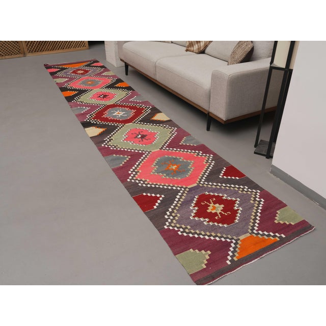 1970s Vintage Handmade Wool Cotton Purple Runner Rug For Sale - Image 11 of 11