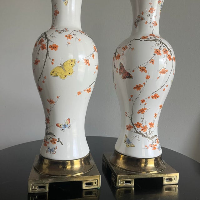 1960s 1960's Ceramic Lamps Chinoiserie Cherry Blossom & Butterfly - A Pair For Sale - Image 5 of 11
