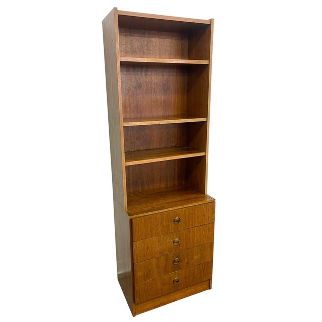 Wood Vintage Mid Century Modern Bookshelf Cabinet With 4 Drawers For Sale - Image 7 of 11