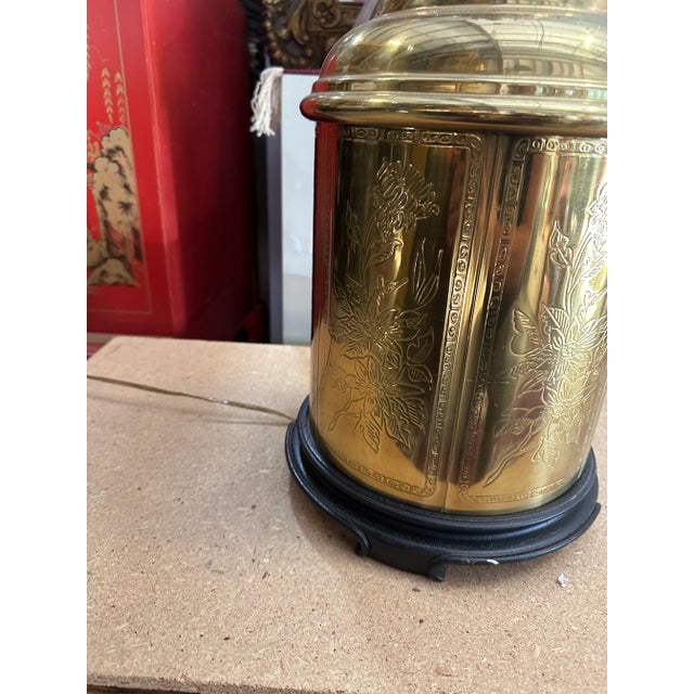 Vintage Round Brass Detailed Etched Lamp With Floral Details For Sale - Image 4 of 9