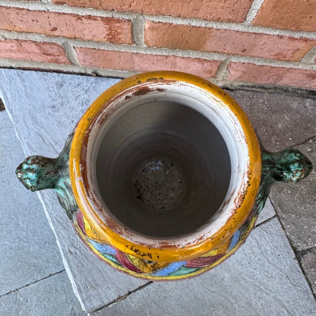 Ceramic Vintage Italian Majolica Sgraffito Glazed Terracotta Urn or Vase For Sale - Image 7 of 11
