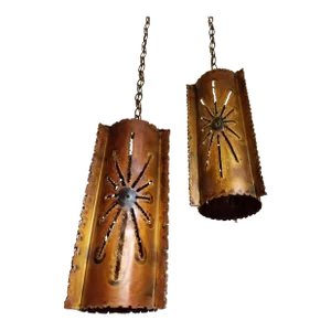 Mid 20th Century Pair of Torch-Cut Brutalist Super Swag Brass Cylindrical Pendant Lights in the Manner of Tom Greene