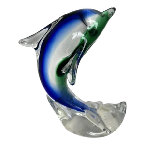 1970s Mouth-Blown Murano Style Dolphin Glass Paperweight