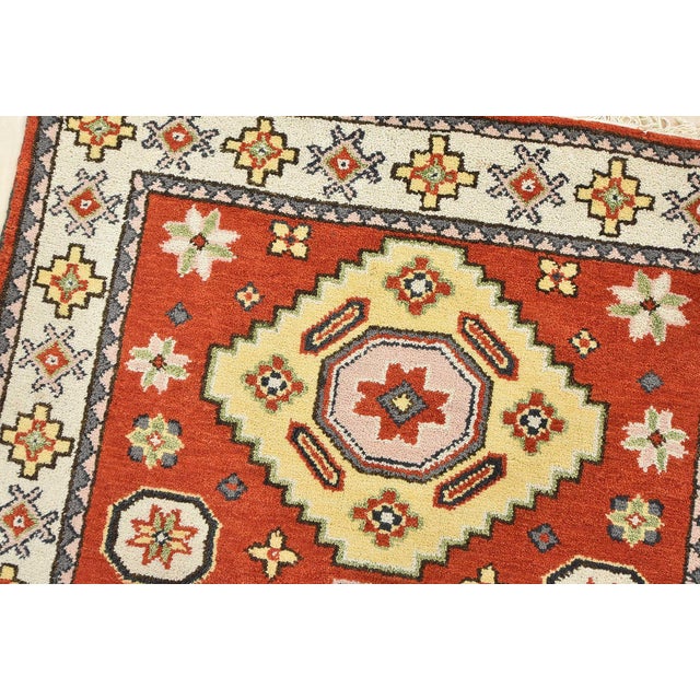 Kazak Rug 4'2'' X 6'1'' Orange Wool Tribal Hand-Knotted Oriental Carpet For Sale In Philadelphia - Image 6 of 12