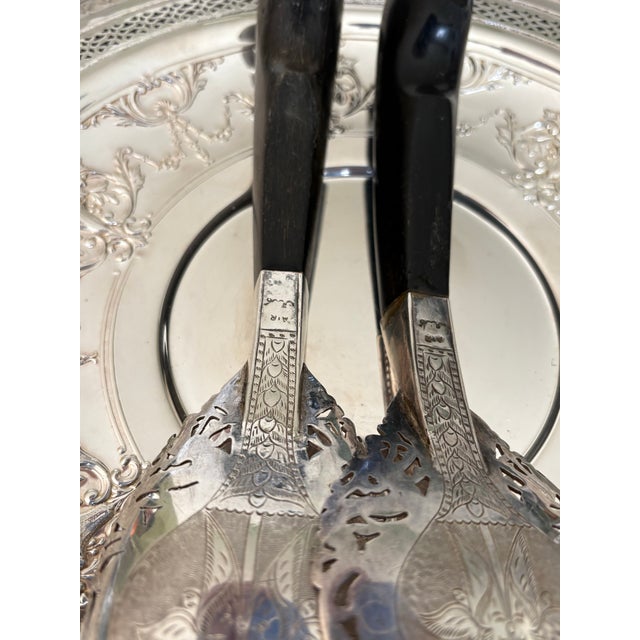 Stunning Malaysian Serving Spoon and Fork Silver w Ornate Detailing and Horn Handles Maker Mohd Saleh & Sons from Keletan...
