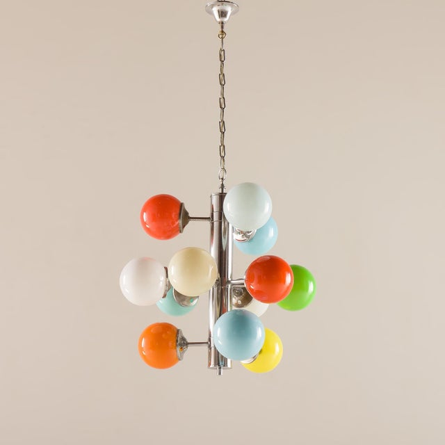 An Italian Space Age colorful Sputnik glass chandelier from the 1970s, capturing the bold, playful spirit of futuristic...