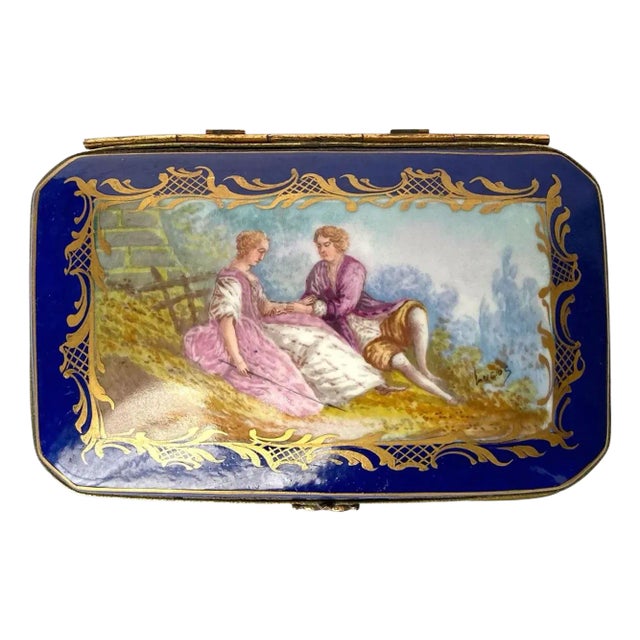 19th Century French Signed Sevres Style Hand Painted Parcel Gilt Porcelain Dresser Box For Sale