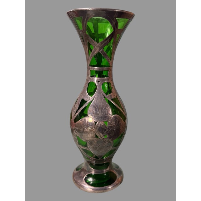 Glass Antique Art Nouveau Sterling Silver Overlay Green Art Glass 8" Vase For Sale - Image 7 of 12