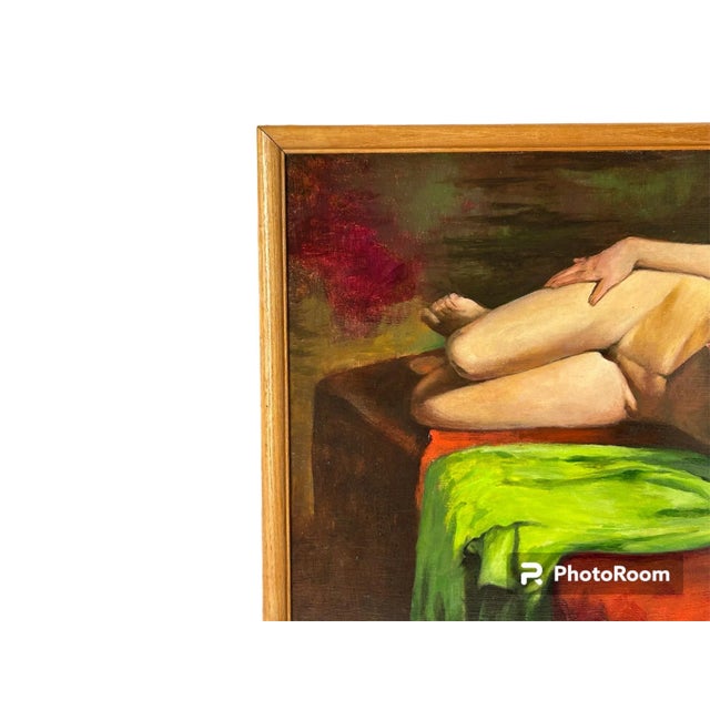 Mid century oil painting on board of a reclining nude signed in the lower right Richard Clive.