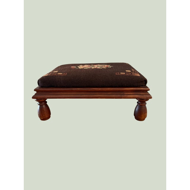 Wood Antique Victorian Embroidered Mahogany Footstool For Sale - Image 7 of 10
