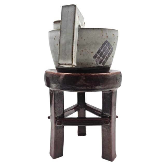 Postmodern Memphis Style Studio Stoneware Teapot on Ceramic Pedestal 16.5" For Sale - Image 4 of 12