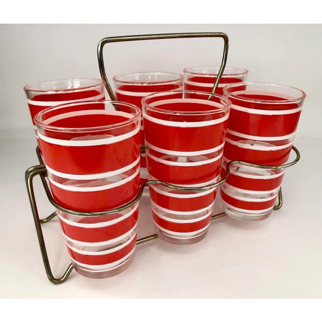 1960s Vintage Hazel Atlas Red and White Banded Tumblers in Metal Caddy - Set of 6 For Sale - Image 5 of 5