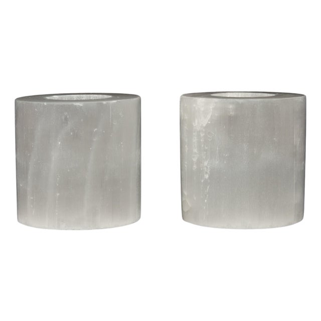 Moonlit Glow: Pair of Selenite Candle Votives 3”H For Sale