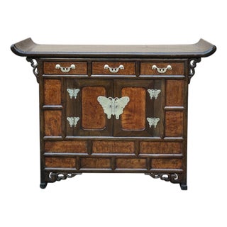 Oriental Two Brown Tone Butterflies Hardware End Table Nightstand For Sale